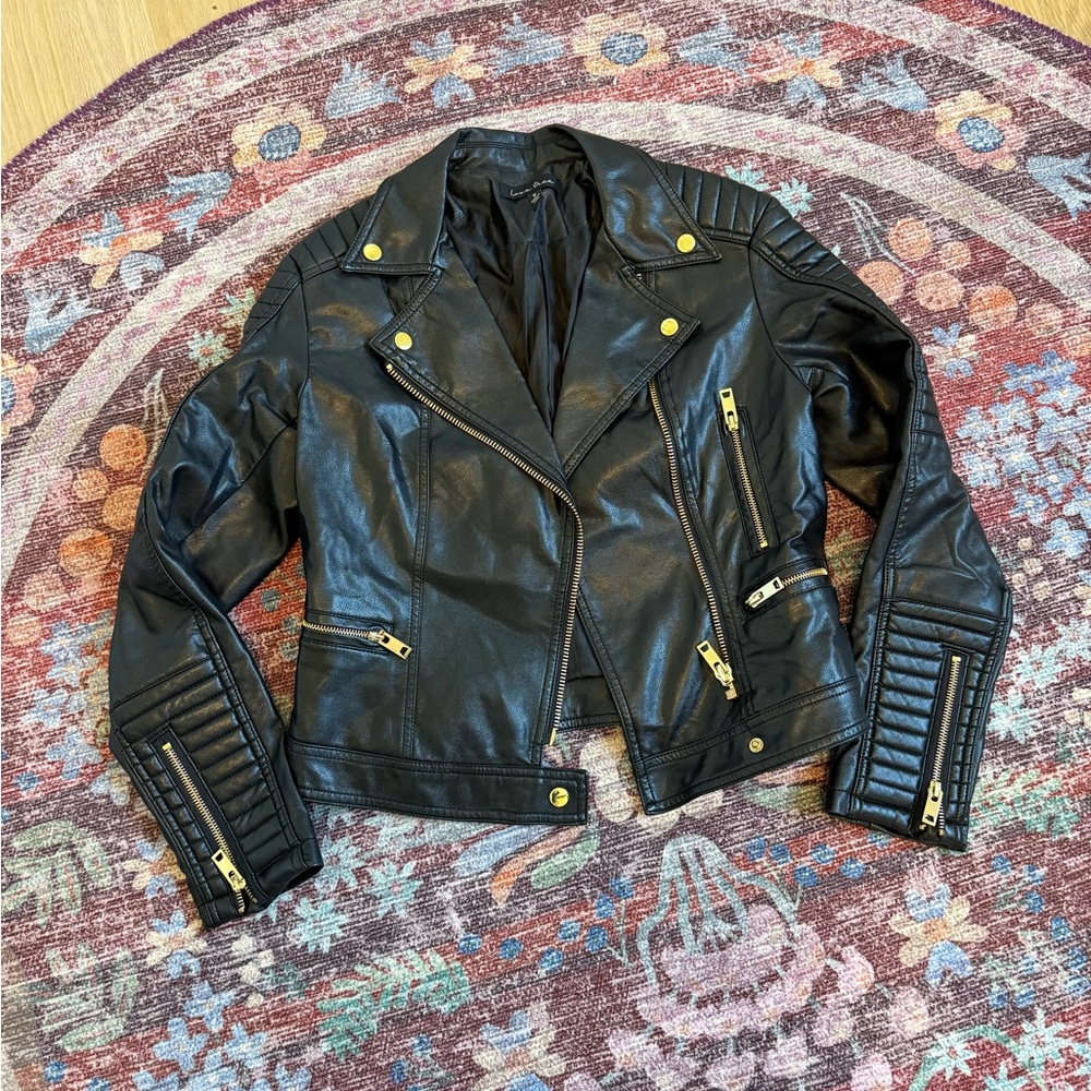 Love tree Black Leather Jacket with Gold Accents